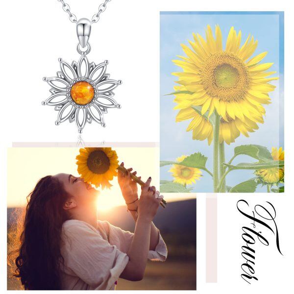 Sterling Silver Opal Rhodium Plated Sunflower Necklace-5