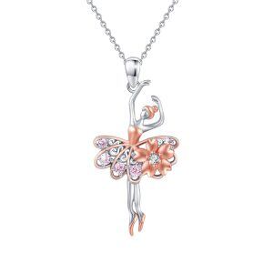 Sterling Silver Zircon Rhodium And Rose Gold Plated Ballerina Necklace-0