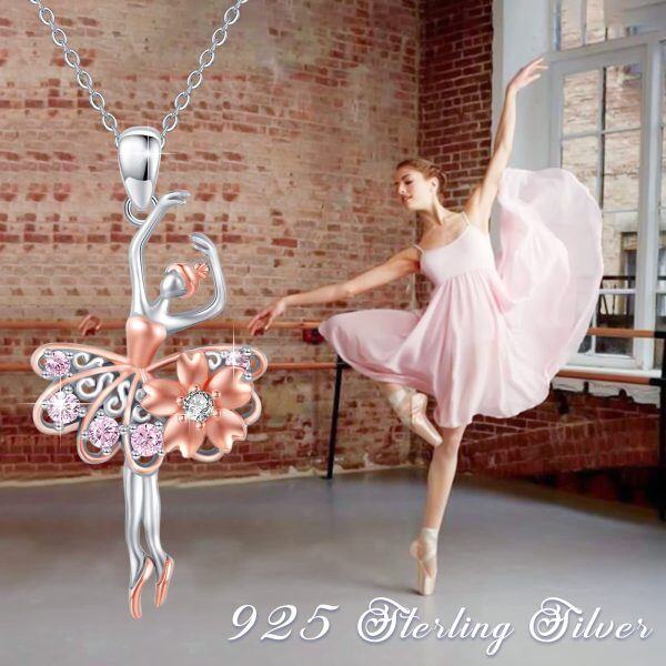 Sterling Silver Zircon Rhodium And Rose Gold Plated Ballerina Necklace-4