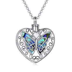 Sterling Silver Abalone Shell Rhodium Plated Heart Butterfly Urn Necklace-0