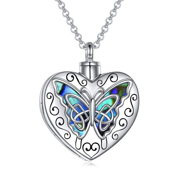 Sterling Silver Abalone Shell Rhodium Plated Heart Butterfly Urn Necklace-0