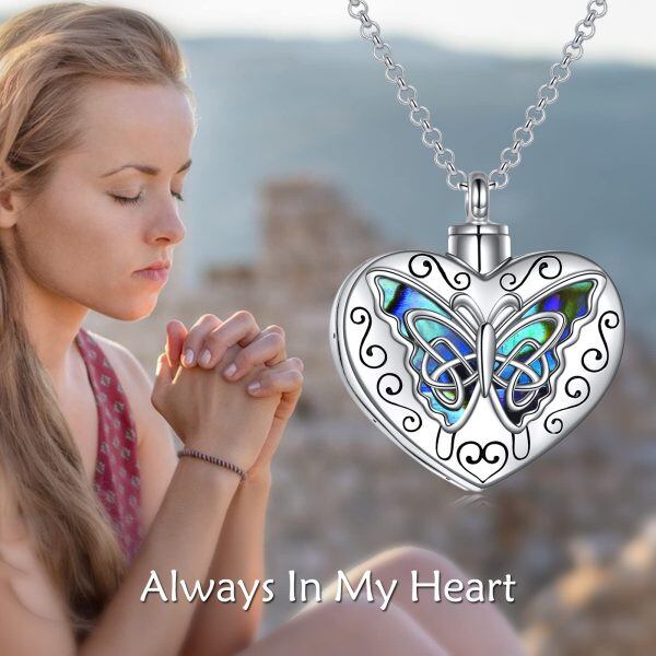 Sterling Silver Abalone Shell Rhodium Plated Heart Butterfly Urn Necklace-3