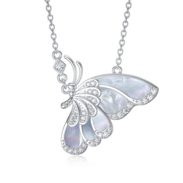 Sterling Silver Pearl Shell and Zircon Silver Plated Butterfly Pendant Necklace-0