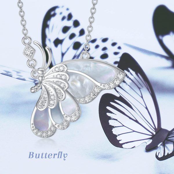 Sterling Silver Pearl Shell and Zircon Silver Plated Butterfly Pendant Necklace-2