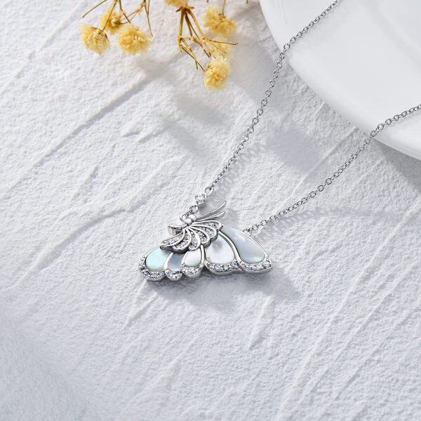 Sterling Silver Pearl Shell and Zircon Silver Plated Butterfly Pendant Necklace-4