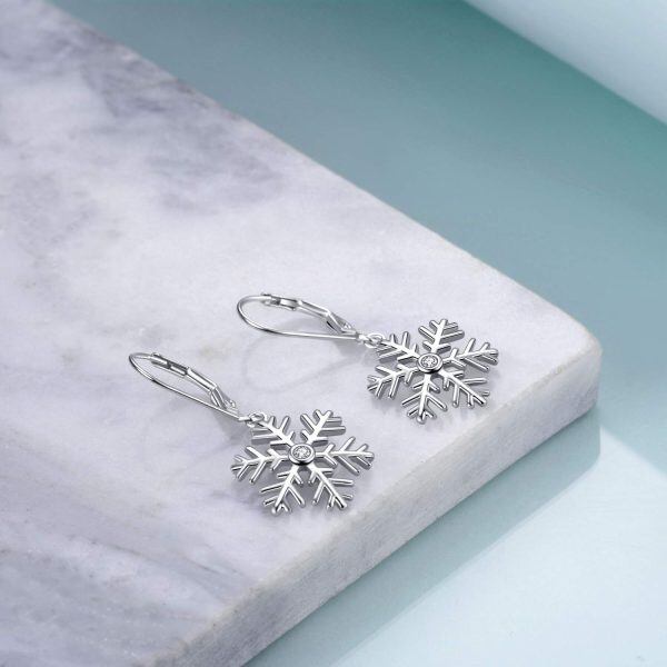 Sterling Silver Zircon Silver Plated Snowflake Pierced Dangle Earrings -3