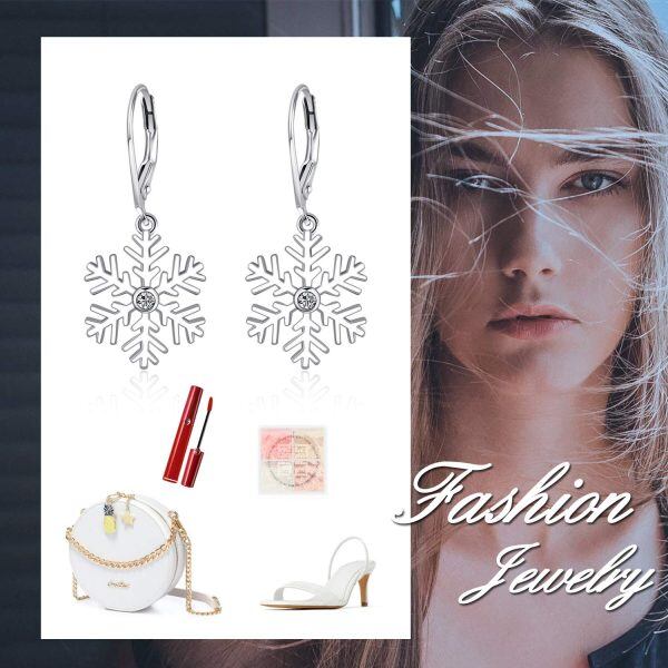 Sterling Silver Zircon Silver Plated Snowflake Pierced Dangle Earrings -5