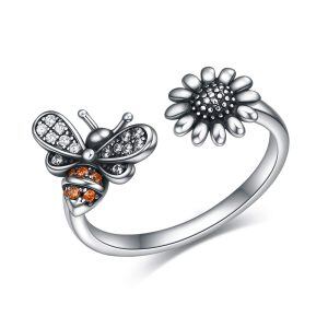 Sterling Silver Zircon Oxidized Bee Sunflower Open Adjustable Ring -0