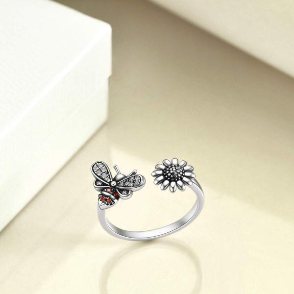 Sterling Silver Zircon Oxidized Bee Sunflower Open Adjustable Ring -1