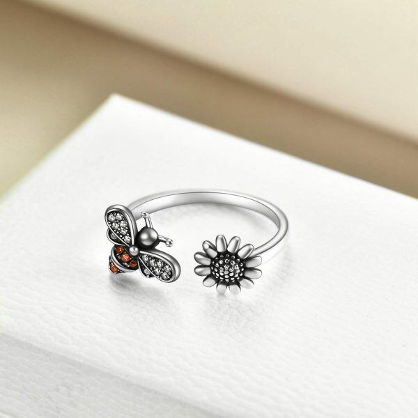 Sterling Silver Zircon Oxidized Bee Sunflower Open Adjustable Ring -2