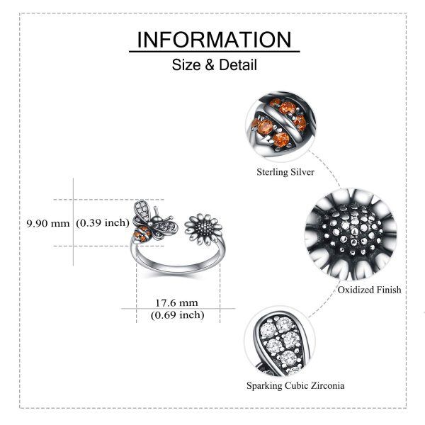 Sterling Silver Zircon Oxidized Bee Sunflower Open Adjustable Ring -3