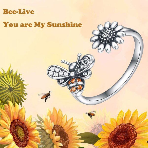 Sterling Silver Zircon Oxidized Bee Sunflower Open Adjustable Ring -4