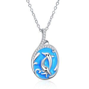 Sterling Silver Zircon Silver Plated Dolphin Pendent Necklace-0