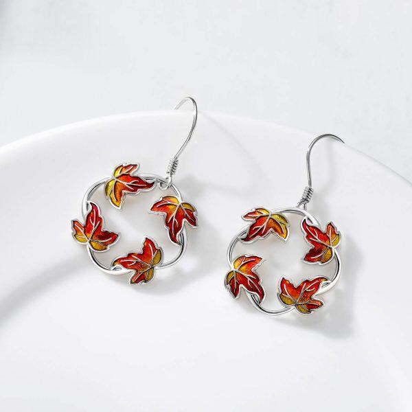 Sterling Silver Silver Plated Maple Fall Leaf Earrings-4