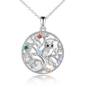 Sterling Silver Zircon Silver Plated Tree of Life Owl Pendant Necklace-0