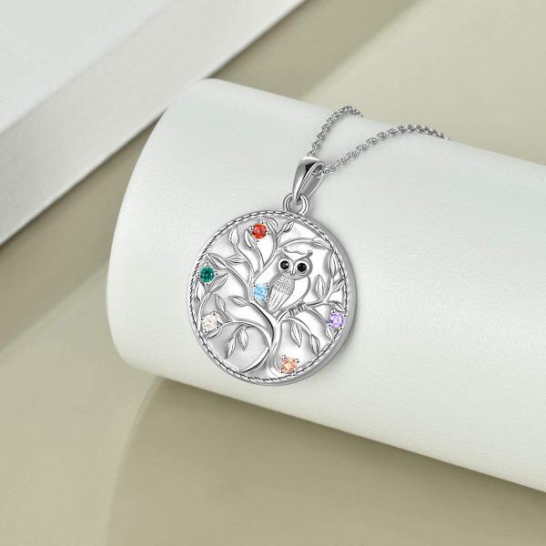 Sterling Silver Zircon Silver Plated Tree of Life Owl Pendant Necklace-2