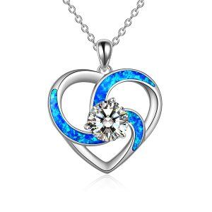 Sterling Silver Opal and Crystal Silver Plated Mom Heart Pendant Necklace-0