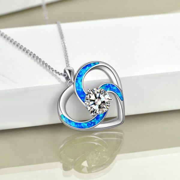 Sterling Silver Opal and Crystal Silver Plated Mom Heart Pendant Necklace-3