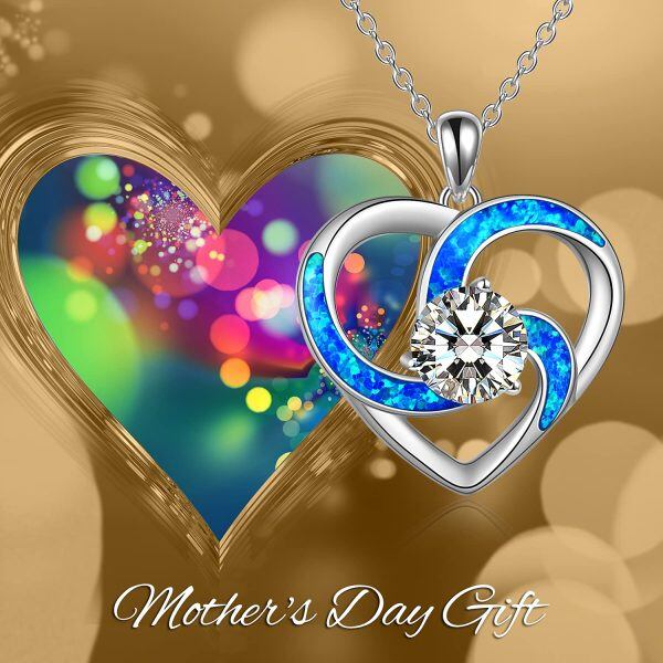 Sterling Silver Opal and Crystal Silver Plated Mom Heart Pendant Necklace-5