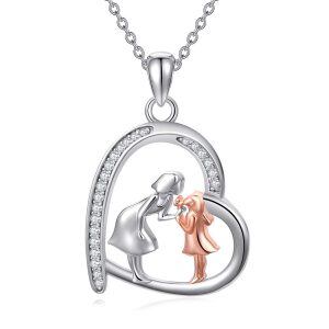 Sterling Silver Zircon Silver Plated Mother Daughter Heart Pendant Necklace-0