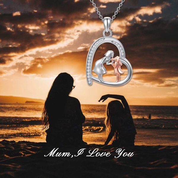 Sterling Silver Zircon Silver Plated Mother Daughter Heart Pendant Necklace-1