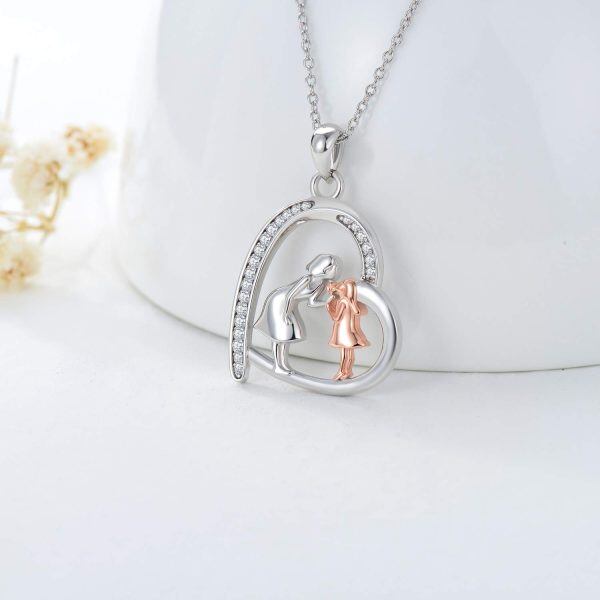 Sterling Silver Zircon Silver Plated Mother Daughter Heart Pendant Necklace-3