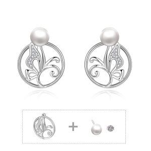 Sterling Silver Zircon and Pearl Silver Plated Butterfly Studs Earrings -0