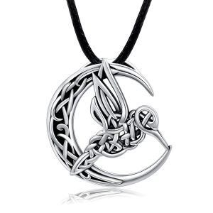 Sterling Silver Black Rhodium Plated Celtic Crescent Moon Hummingbird Pendant Necklace -0