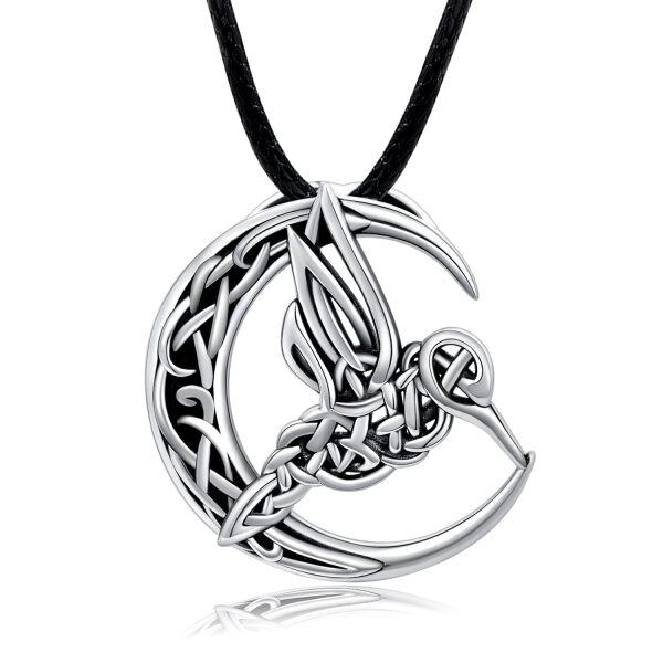 Sterling Silver Black Rhodium Plated Celtic Crescent Moon Hummingbird Pendant Necklace -0