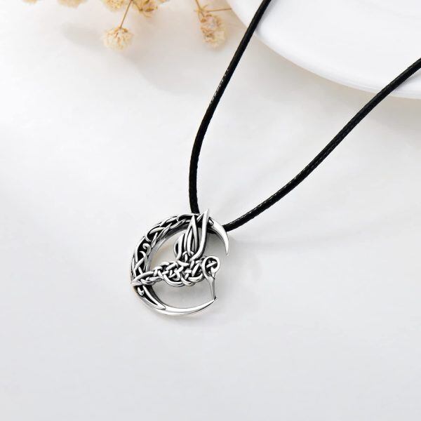 Sterling Silver Black Rhodium Plated Celtic Crescent Moon Hummingbird Pendant Necklace -1