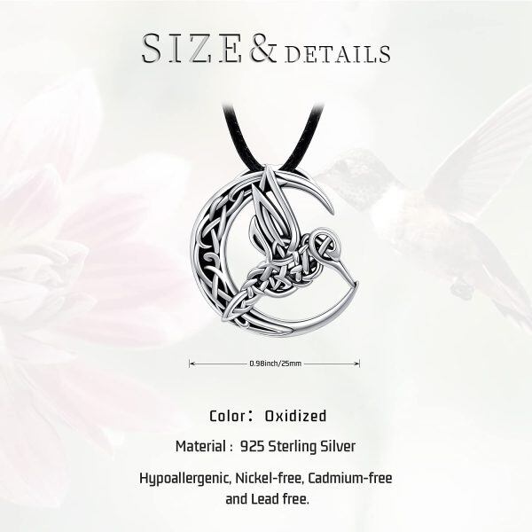 Sterling Silver Black Rhodium Plated Celtic Crescent Moon Hummingbird Pendant Necklace -5