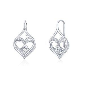 Sterling Silver Zircon Slver Plated Heart Dangle Drop Earrings-0