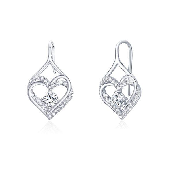 Sterling Silver Zircon Slver Plated Heart Dangle Drop Earrings-0