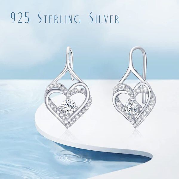 Sterling Silver Zircon Slver Plated Heart Dangle Drop Earrings-5