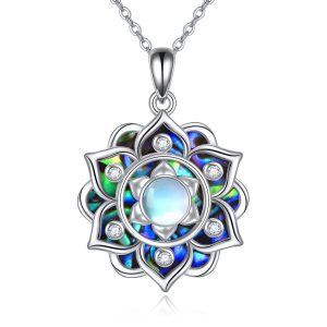 Sterling Silver Abalone Shell and Moonstone Silver PLated Lotus Flower Pendnent Necklace-0