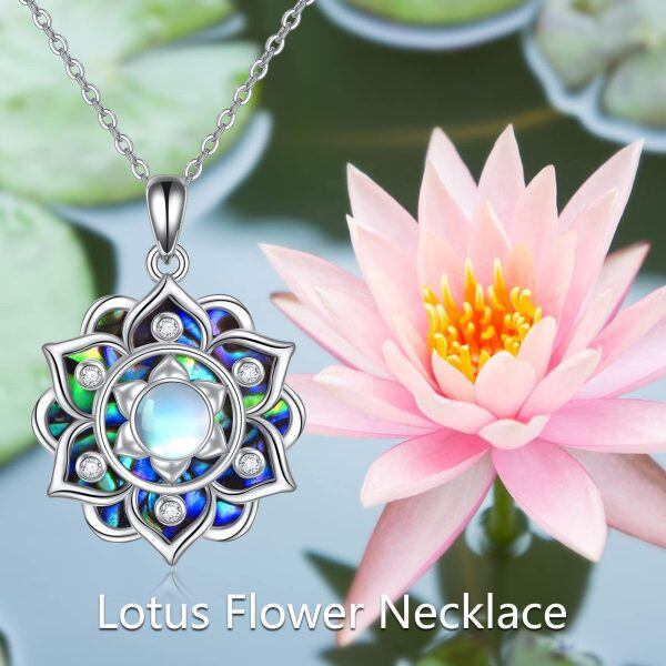 Sterling Silver Abalone Shell and Moonstone Silver PLated Lotus Flower Pendnent Necklace-5