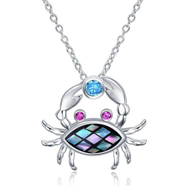 Sterling Silver Zircon and Abalone Shell Silver Plated Crab Pendent Necklace-0