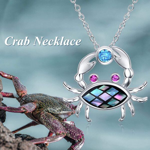 Sterling Silver Zircon and Abalone Shell Silver Plated Crab Pendent Necklace-3