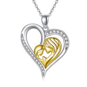 Sterling Silver Zircon Two Tone Color Mom and Child Love Heart Pendant Necklace-0