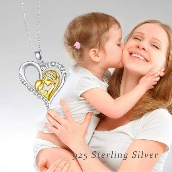 Sterling Silver Zircon Two Tone Color Mom and Child Love Heart Pendant Necklace-1