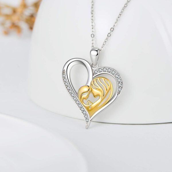 Sterling Silver Zircon Two Tone Color Mom and Child Love Heart Pendant Necklace-2