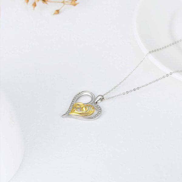 Sterling Silver Zircon Two Tone Color Mom and Child Love Heart Pendant Necklace-3