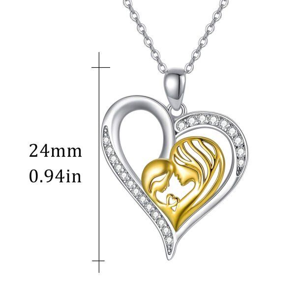 Sterling Silver Zircon Two Tone Color Mom and Child Love Heart Pendant Necklace-6