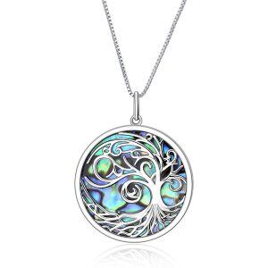 Sterling Silver Abalone Silver Plated Tree of Life Pendant Necklace-0