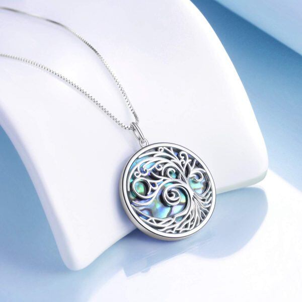 Sterling Silver Abalone Silver Plated Tree of Life Pendant Necklace-1