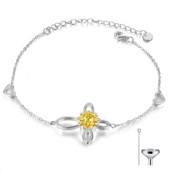 Sterling Silver Zircon Two Tone Color Sunflower Urn Bracelet-0