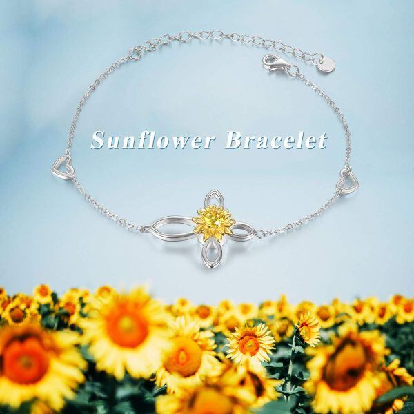 Sterling Silver Zircon Two Tone Color Sunflower Urn Bracelet-1