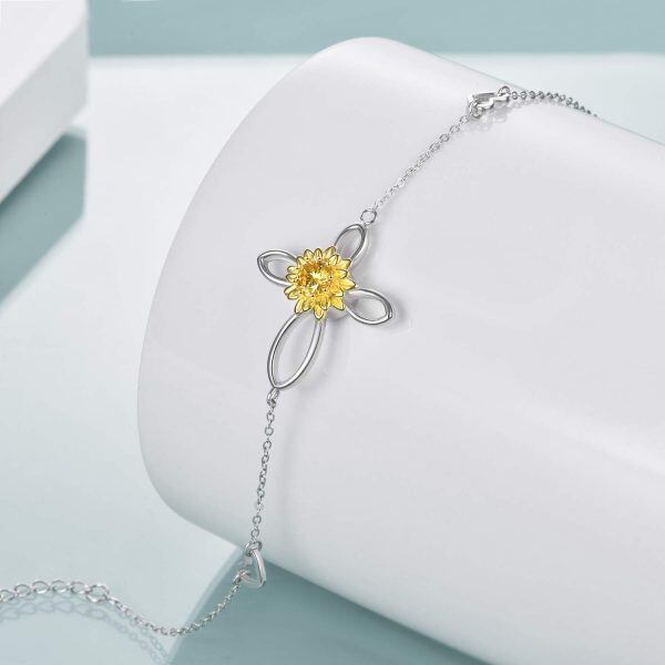 Sterling Silver Zircon Two Tone Color Sunflower Urn Bracelet-2