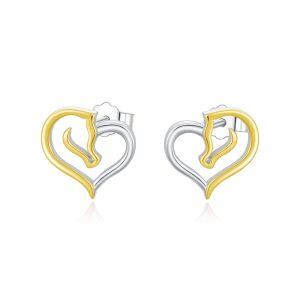 Sterling Silver Two Tone Color Heart Horse Stud Earrings-0