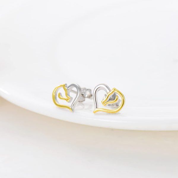 Sterling Silver Two Tone Color Heart Horse Stud Earrings-4